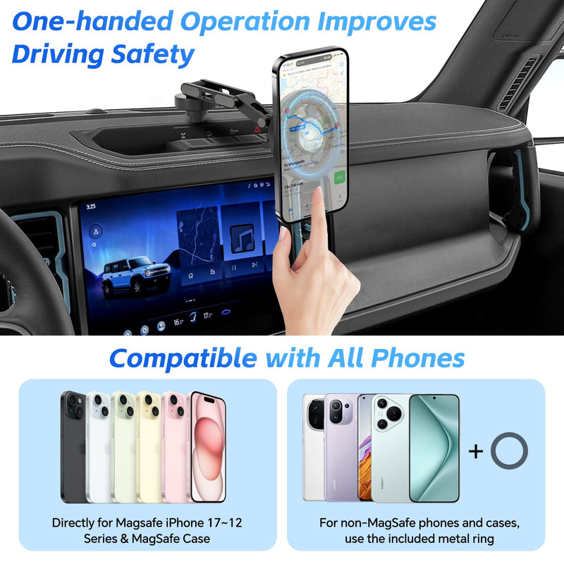 Magnetic Phone Mount for Ford Bronco 2021–2025 (2 & 4 Door), Dash Phone Holder Compatible with MagSafe iPhone 12–17 Series, 360° Adjustable, Easy Installation