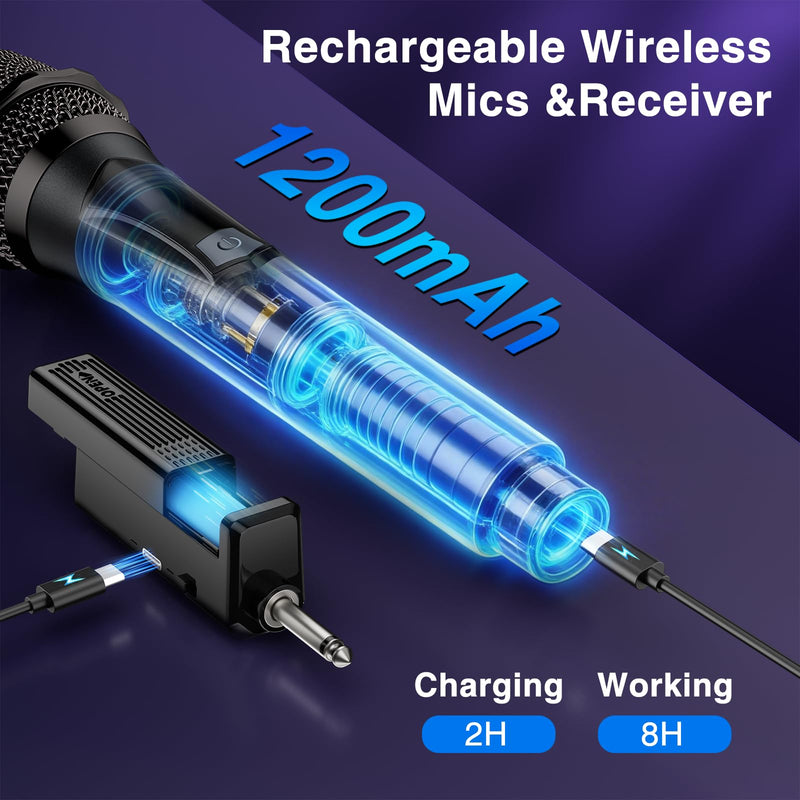 [AUSTRALIA] - Wireless Microphone,Professional Dual Handheld Cordless Dynamic Mic System with Rechargeable Receiver,Plug & Play,Compatible with karaoke machines and PA systems for Speech,Church,Wedding,DJ,Party 