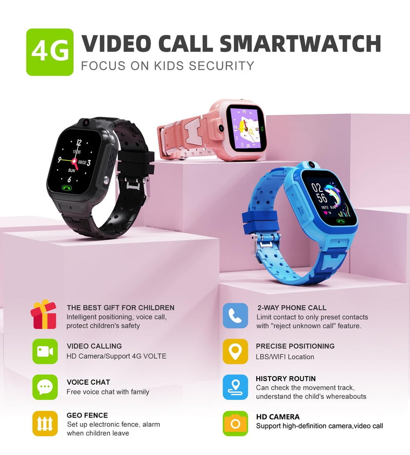 4G Kids Smart Watch GPS Tracker - Smartwatch with Two Way Call Video Calling Voice Chat SOS Class Mode Stopwatch Pedometer Games Wi-Fi Touch Screen Alarm Clock Smartwatches for Boys Girl (Black) Black