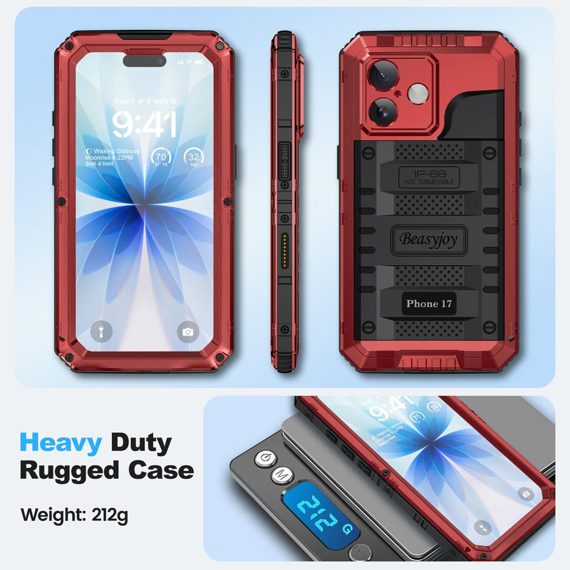 Beasyjoy for iPhone 17 Case Waterproof, Heavy Duty Metal Full Body Protection, Built-in Screen Protector, Military Grade Shockproof Dustproof Rugged Cover for iPhone 17 6.3 inch, Red