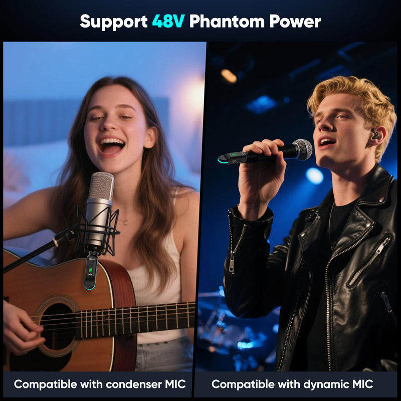 Wireless XLR Transmitter and Receiver - 2.4GHz Wireless Microphone System, 100ft Range, 48V Phantom Power, Ultra-Low Latency for Live Performance, Streaming, Recording