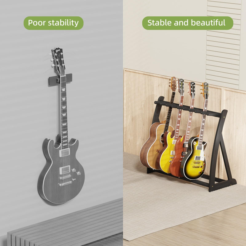 Multi Guitar Stand Heavy Duty - Wood Floor Stand for Electric Guitar and Bass, Adjustable Non-Slip Guitar Rack, Holds Multiple Guitars & Basses (Electric Guitar Stand, Bass Stand, Wood Guitar Stand) Black