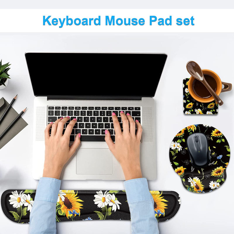 Keyboard Wrist Rest and Mouse Wrist Rest Pad with Cup Coaster,Made of Memory Foam,Ergonomic Support,Easy-Typing and Pain Relief,for Gaming Office Home Computer,You are My Sunshine Sunflower Dragonfly You Are My Sunshine Sunflower Dragonfly