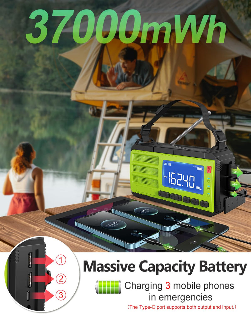 37000mWh Hand Crank Emergency Radio, AM FM NOAA Weather Alert Radio, Portable Solar Radio, 4 Charging Methods, 3-Mode Flashlight, Reading Lamp, SOS Alarm, Phone Charger for Winter Storm Emergency Green