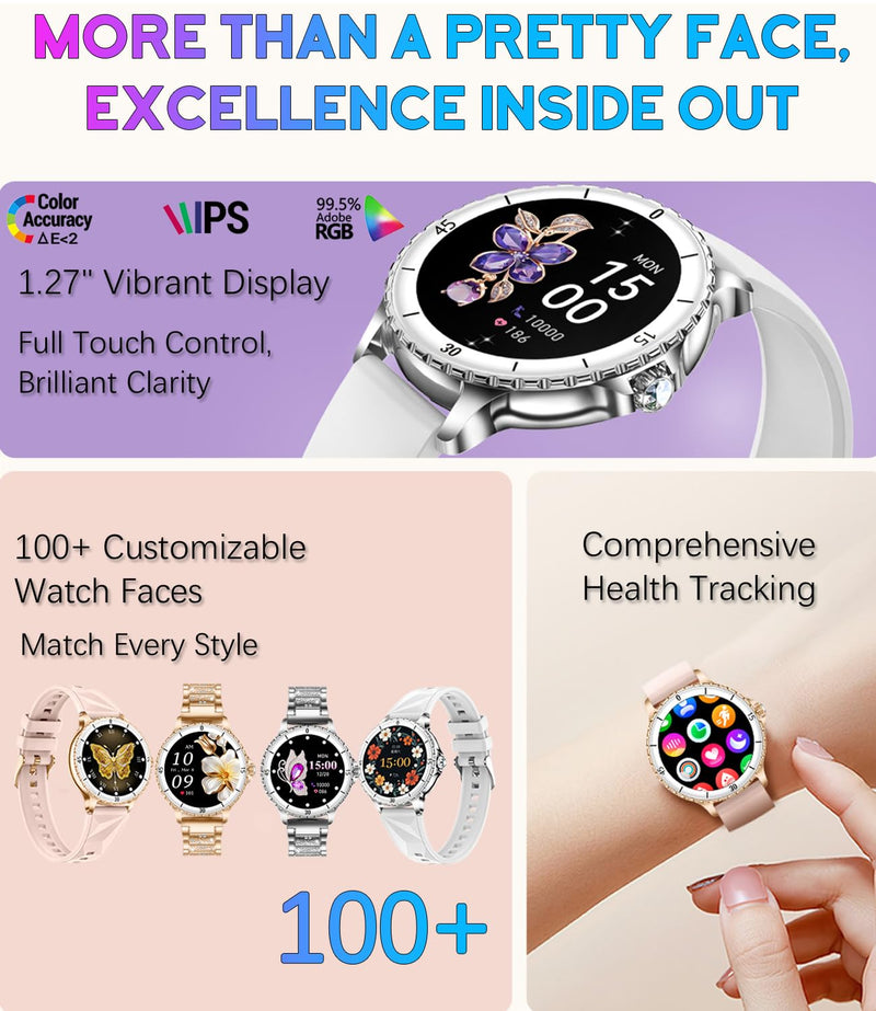 Smart Watch for Women, 1.27" HD Display,Answer/Make Calls, IP68 Waterproof Sports Women's Smartwatch, Fitness Tracker,Heart Rate Monitor, Pedometer – Compatible with Android & iOS (Silver)