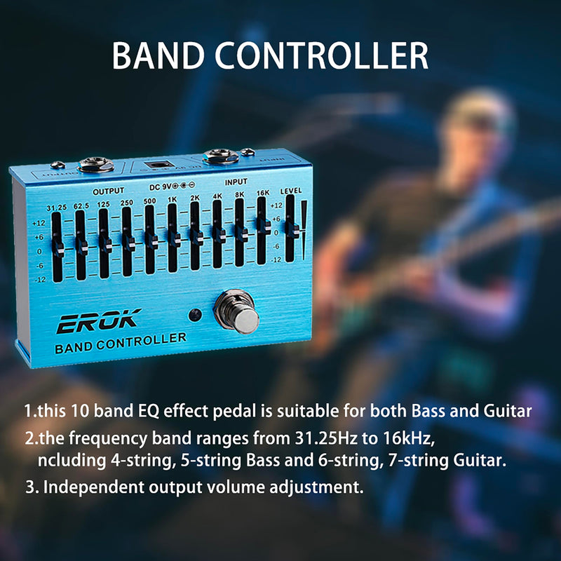 EROK EQ Pedal,10-Band Equalizer,(31.25Hz–16kHz) with ±12dB Gain/Attenuation for Each Band,for Electric Guitar Bass Eq Pedal,with Independent Controller Button