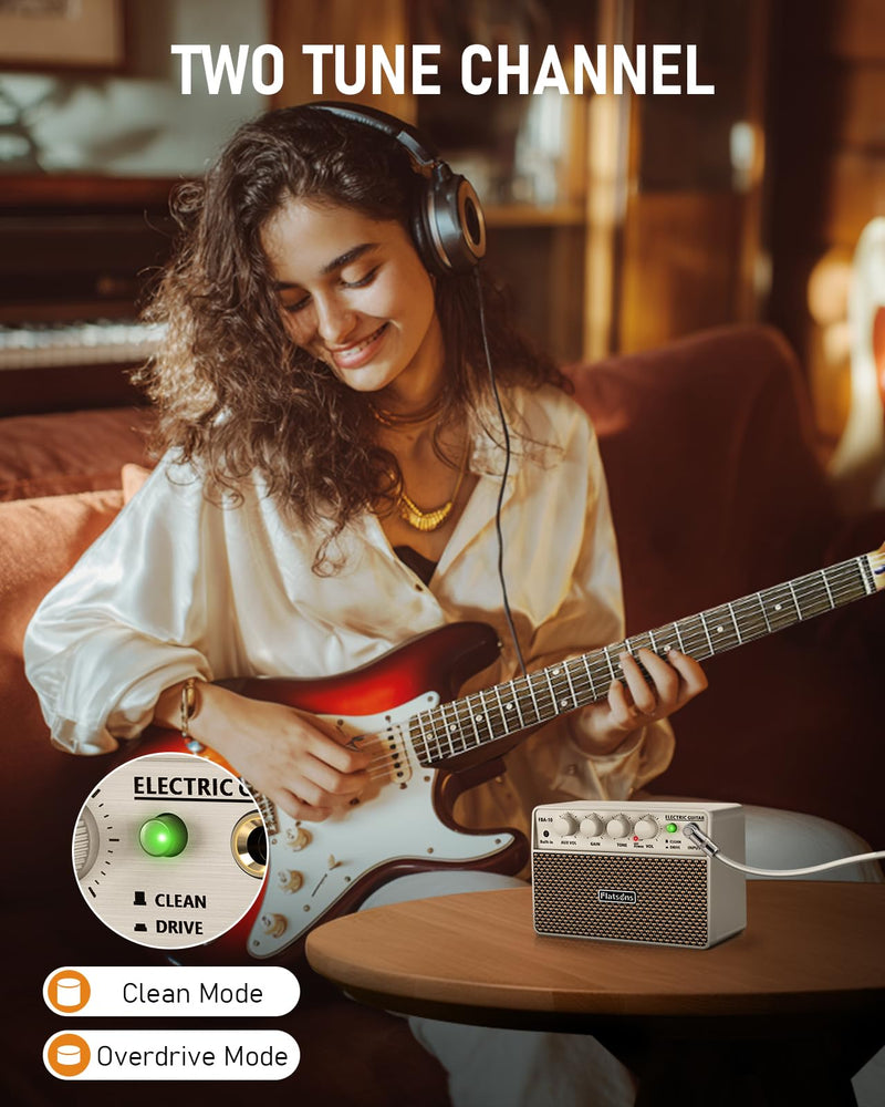 FBA-10 Guitar Amp, 10W Mini Electric Guitar Amplifier with Clean/Drive Channel, 6H Working, USB-C Rechargeable, 3.5mm Headphone/AUX Jack, Wireless Portable Amp for Indoor Practice (White) White