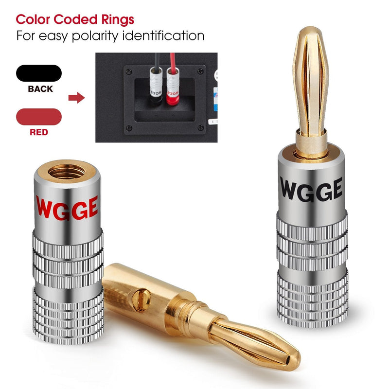 WGGE WG-009 Banana Plugs Audio Jack Connector 6 Pairs / 12 pcs, 24k Gold Dual Screw Lock Speaker Connector for Speaker Wire, Wall Plate, Home Theater, Audio/Video Receiver and Sound Systems 6 Pairs (12 plugs)