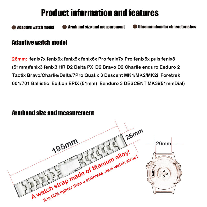 XIW Compatible for 26mm Garmin Fenix 8 51mm Enduro 3 51mm 6X Pro 7X Pro 5X Plus Titanium Metal Quick Release Watch Band Replacement for men Wirstband Strap women Bracelet Black