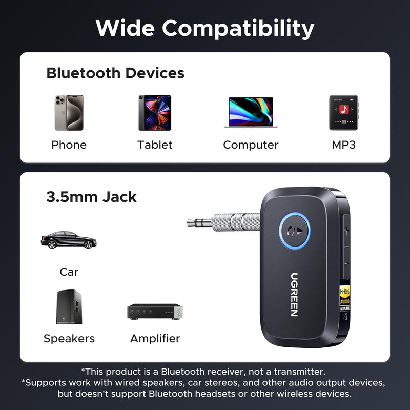 [AUSTRALIA] - UGREEN Bluetooth 6.0 Receiver for Car with LDAC, AI Noise Cancelling 3.5mm AUX Bluetooth Car Adapter, Hi-Res Wireless Audio Receiver for Home Stereo/Wired Speaker with Hands-Free Call,15H Battery Life 