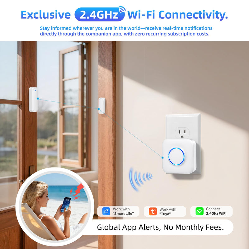 [AUSTRALIA] - WiFi Door Sensor Chime, Smart Door Open Alert Window Sensor for Business/Home/Kids Safety, Real-Time App Notification, 500ft Range, 32 Melodies, 5 Volume Levels, Window Contact Sensor Alarm Kit White 3 