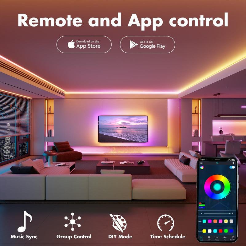 Led Lights for Bedroom 100FT Smart IC+RGB, Music Sync Color Changing Strip Lights, 24Key Remote+App Control Light Strip for BedHead,Underbed,Ceiling,Background Wall(2Rolls of 50FT)