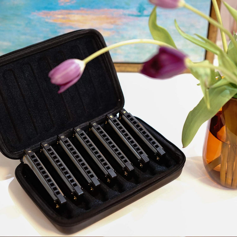 [AUSTRALIA] - JDR Harmonica Set of 7 Key of C D E F G A Bb 10 Holes 20 Tones Blues Harp Diatonic Mouth Organ armonica with EVA Protective Case for Adults Kids Beginner Professional Intermediate Student Gift Black C D E F G A and Bb 