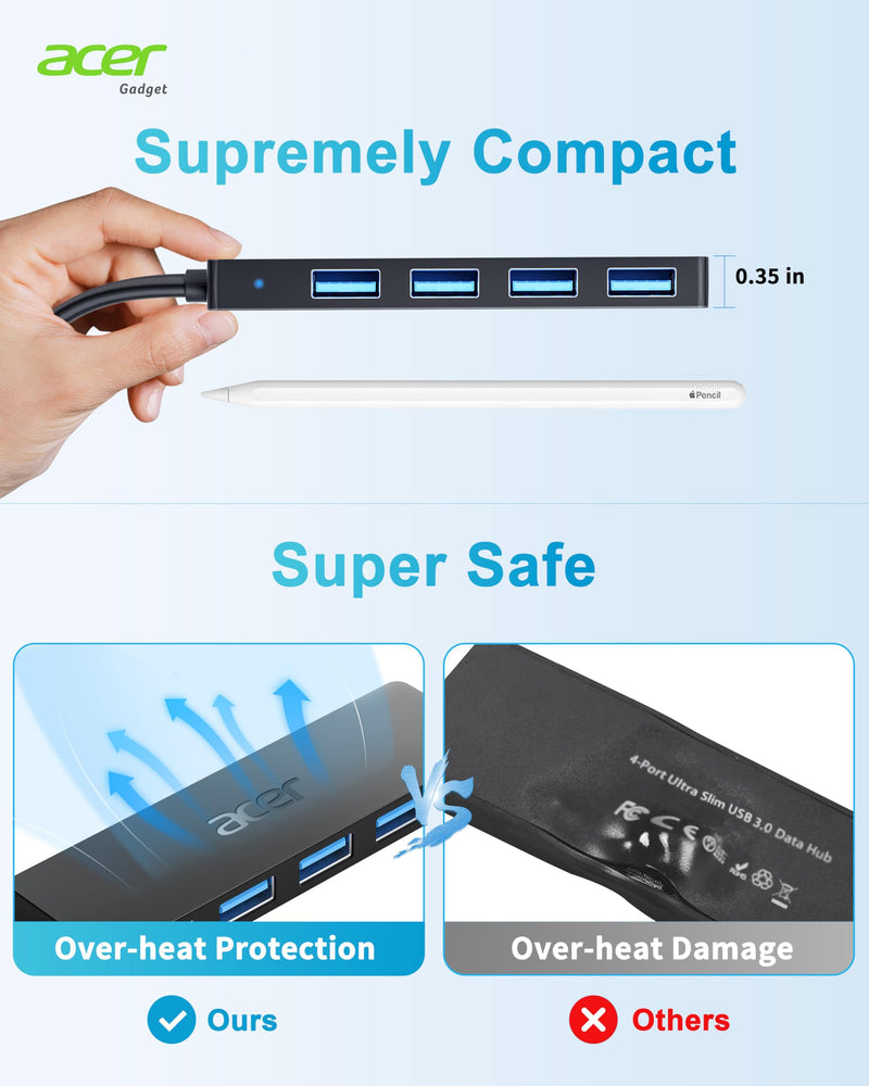 Acer USB Hub 4 Ports, Multiple USB 3.0 Hub, USB A Expander for Laptop with USB C Power Port, USB Extender for A Port Laptop, Windows, Linux, Acer PC, and More (4ft) 4ft USB-A 3.0