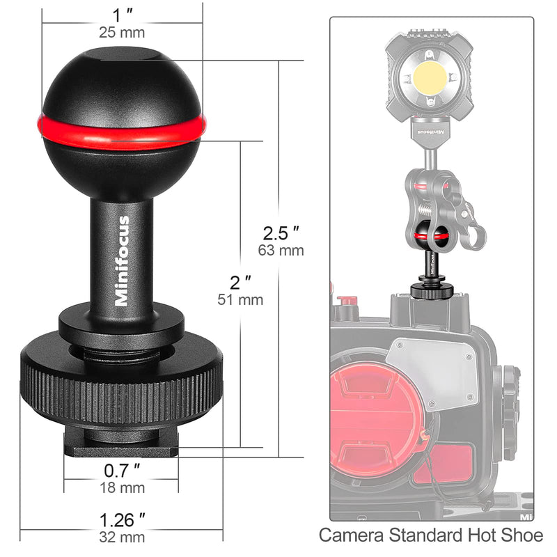 [AUSTRALIA] - MINIFOCUS 1" Ball Head Cold Shoe Base Adapter, Universal Ball Joint Bracket with Cold Shoe Base Adapter for Diving Light Underwater Camera Waterproof Housings Case Video/Flash/Strobe Hot Shoes 