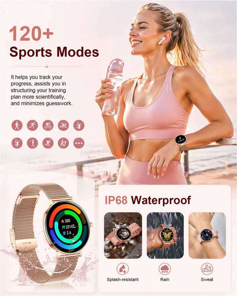 Smart Watches for Women,1.32'' AMOLED Ultra-Thin Smart Watch with Bluetooth Make/Answer Call,Heart Rate/SpO2/Sleep Tracker,120+ Sport Modes IP68 Fitness Watch Android/iOS Compatible,4 Straps,Rose Gold Rose Gold(4 Bands)