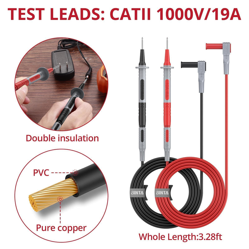 BINTA Silicone Multimeter Test Leads Set with Insulated Test Leads, Alligator Clips, Test Hooks, Test Probes, Test Tweezers, Professional Lead Kit for Digital Multimeter Testing CATII 1000V/ 19A 11PCS