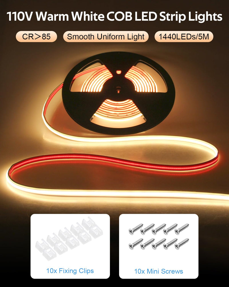 Aclorol COB LED Strip Lights Warm White for Bedroom 5M 3000K AC 110V -120V Plug in LED Rope Lights Outdoor Waterproof IP68 Flexible High Density COB LED Tape Lights for Patio Garden Decor 288led/M
