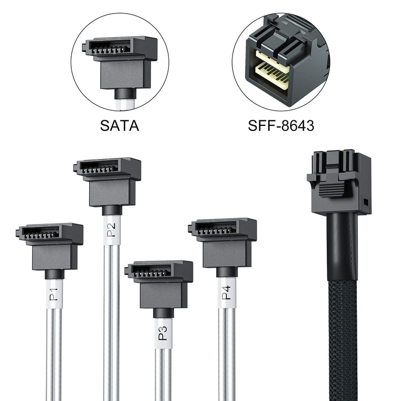 10Gtek MiniSAS HD SFF-8643 Breakout to 4xSATA Cable, Compatible with Raid Controller Hard Drive, SATA Right Angle, 0.5m(1.6ft) SATA(Right Angle)