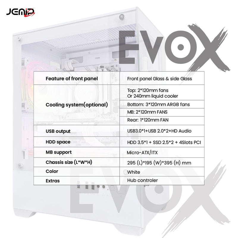 Evo X Gaming PC Case, White, Tempered Glass Panels, 3 ARGB Fans Included, Micro-ATX Computer Case, Gaming Chassis