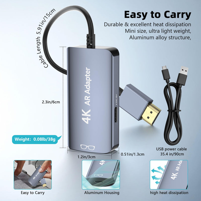 HDMI to USB C Adapter 4K@60Hz for AR Glasses, HDMI Male to USB C Female for XREAL One/Air 2 Pro, VITURE Pro, RayNeo Air 2s, Rokid Max, Switch 2/1, Steam Deck, PS5/4, Xbox, ROG Ally, Portable Monitor