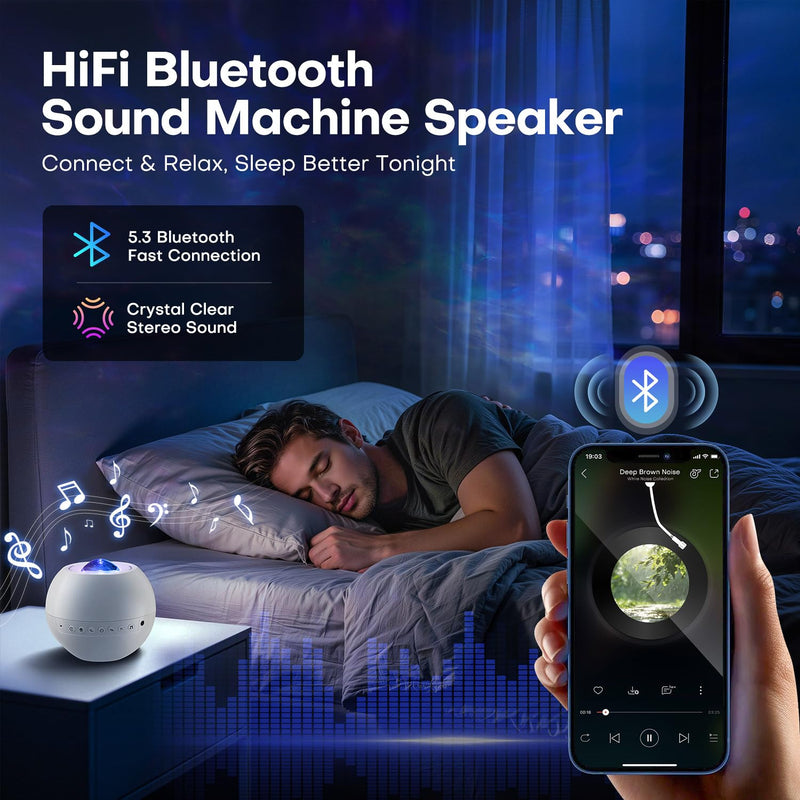 Sound Machine Light Projector, 30 Sleep Sounds for Adult, Bluetooth Speaker | 3-in-1 Baby Sound Machine: 30 sleep sounds (white/brown noise, fans, rain), Bluetooth 5.3 speaker & 15-color light projector.