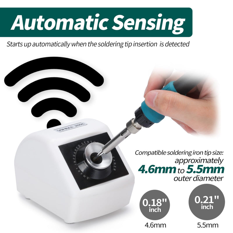YIHUA 200C Motorised Soldering Tip Cleaner with Infrared Sensor, 6 Brass Wool Brushes, 12 V Power Adapter and Lifting Tool - Compact Soldering Iron Cleaner (EU Plug)