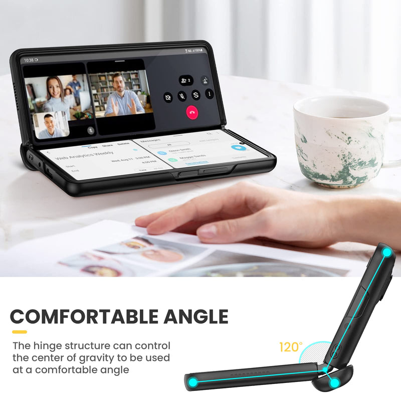 Ruky Kickstand Case for Galaxy Z Fold 4, Hinge Protection, Full Body & Built-in Screen Protector, PU Leather Stand Case for Samsung Galaxy Z Fold 4 5G, Carbon Fiber