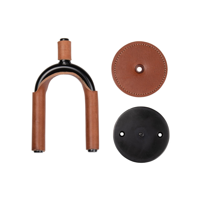 Levy's Leathers Forged Steel Guitar Hanger; Black Metal with Tan Veg-Tan Leather Yoke Wraps (LVY-FGHNGR-BKTN) Black Steel Tan Leather