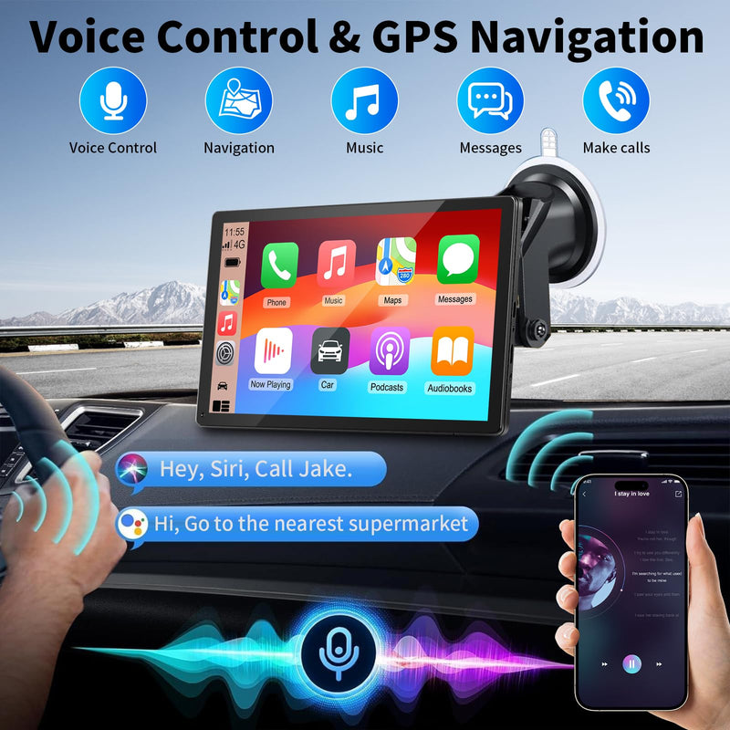 CarPlay Screen for Car, 9'' Wireless CarPlay & Android Auto - Smart Portable Touchscreen with Bluetooth/FM, Mirror Link, Voice Control, GPS Navigation, Plug & Play Car Play Screen, Silver