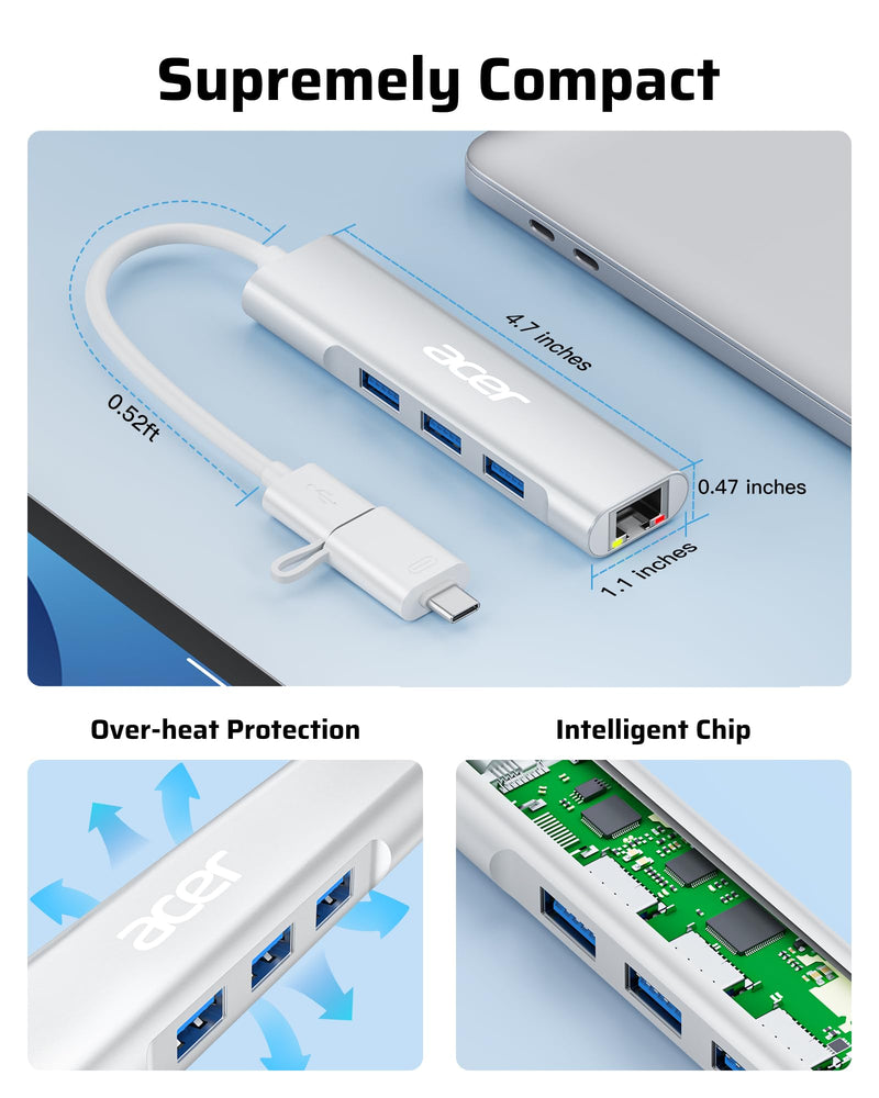 Acer USB C to Ethernet Adapter, 4-in-1 USB-A/C Hub with 3 USB-A 3.1 & 1Gbps RJ45 Networks, USB-C to LAN Adapter for MacBook Pro Air, Surface, Chromebook, Acer, Laptop, and More USB A+C