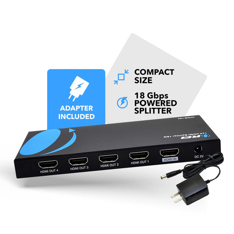 OREI UltraHD 4K @ 60 Hz 1 X 4 HDMI Splitter 1 in 4 Out 4 Port 4: 8-Bit - HDMI 2.0, HDCP 2.0, 18 Gbps, EDID, Duplicate / Mirror 4K Screens - UHDS-104 1x4