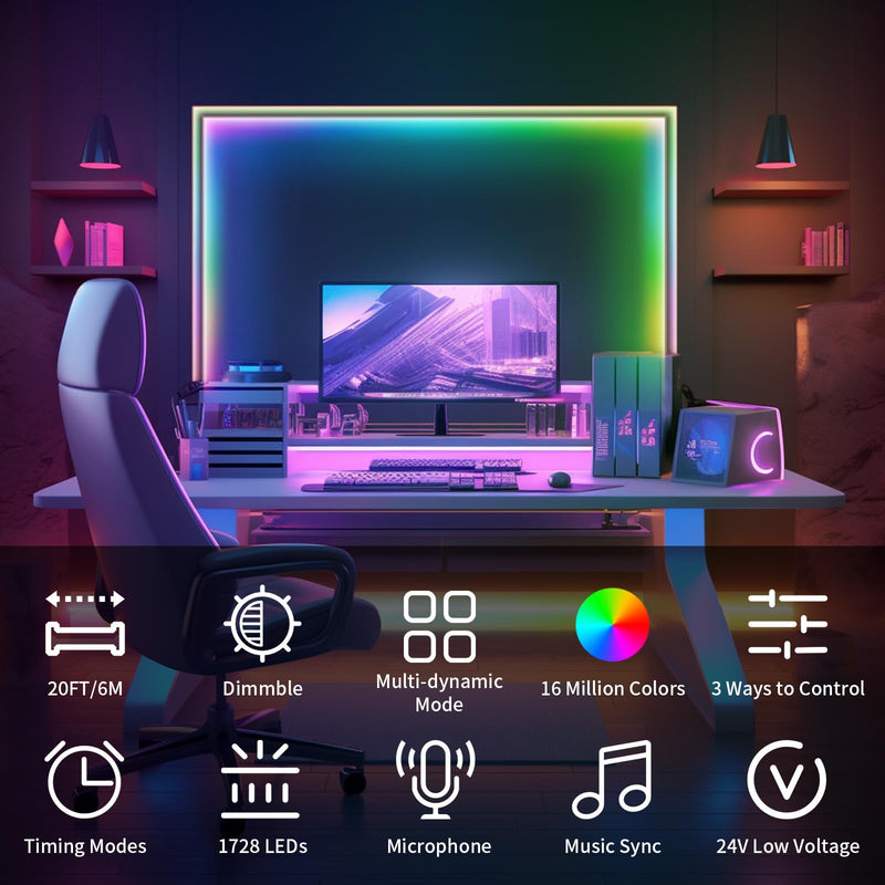 20FT LED Strip Lights COB Smart IC, 24V RGB LED Lights for Bedroom with RF Remote Smart App Button Controller Music Sync Color Changing Strip Lights for Game Room Kitchen Cabinet Lighting 20FT