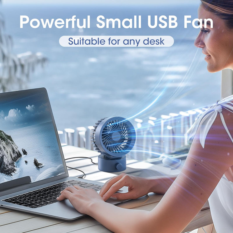 Small USB Desk Fan, Stepless Speed Control Mini Fan for Home Office Dorm Desktop, Ultra Quiet Cooling Fan, Plug In USB Powered, Portable Personal Table Fan for Laptop PC Car, Blue