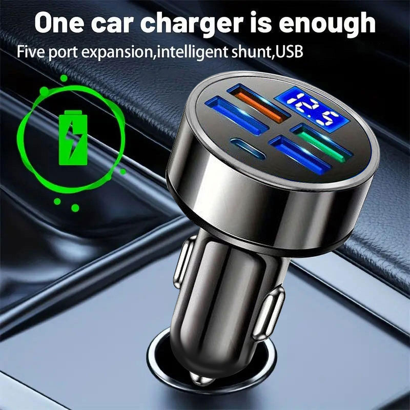 5-in-1 Car Charger, Fast Charging Car Adapter, USB Cigarette Lighter Car Accessory, Car Charger Compatible with Iphone14/14pro/13/12/Ipad/Tablet/Samsung and More. (Black)