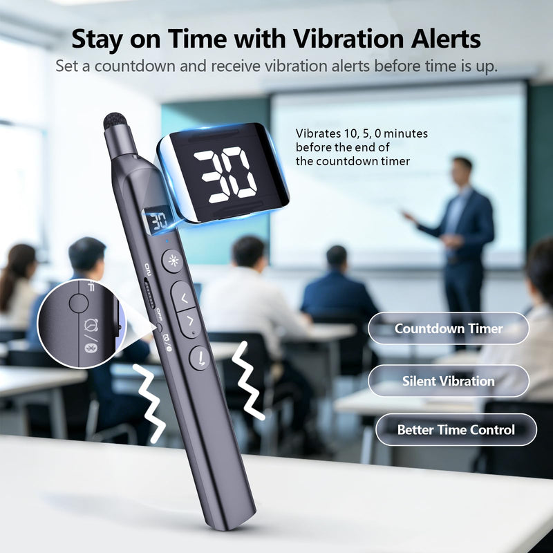 N21 Bluetooth Presentation Clicker for PowerPoint with Retractable Pointer | ①Laser Pointer②Telescopic touch pen③Countdown timer, vibration alert ④Customizable Button ⑤Rechargeable;battery level display Black - Green Pointer