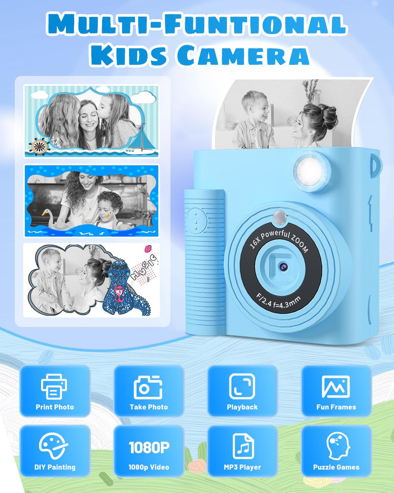 Instant Print Camera for Kids,1080P HD Digital Kids Camera with 32G SD Card,Video Camera for Toddler Christmas Birthday Gifts for 3 4 5 6 7 8 9 10 11 Years Old Girls Boys BLUE