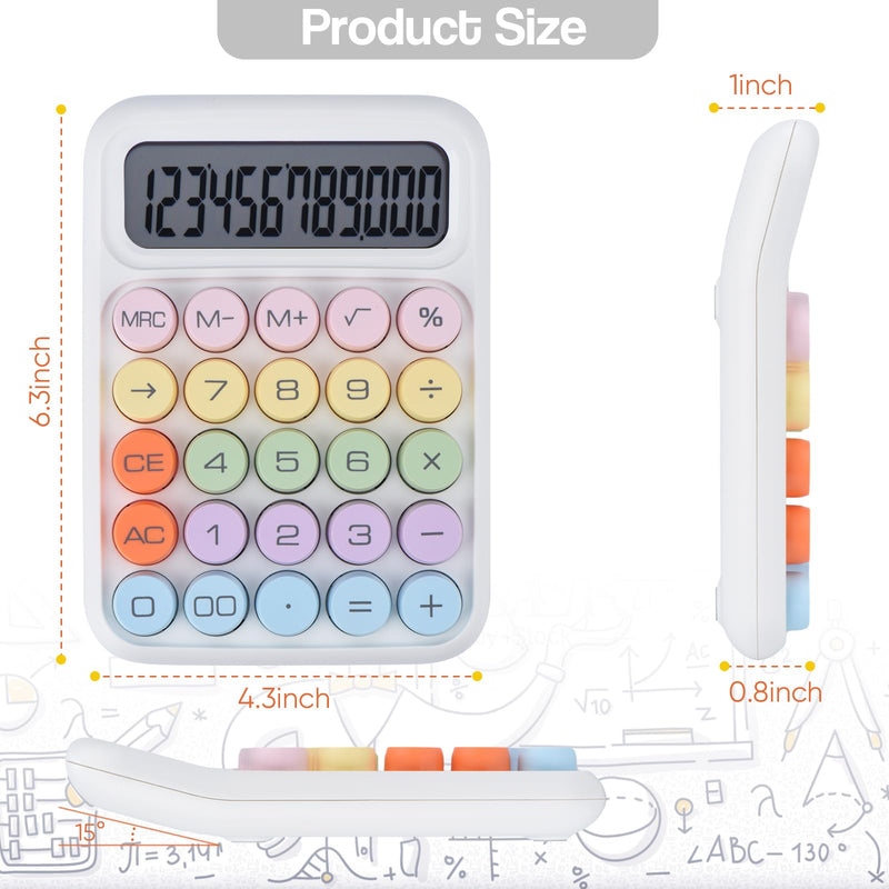 Mechanical Pushbutton Calculator,12 Digit Large LCD Display,Big Buttons Easy to Press,Colorful Candy Calculator,Automatic Sleep,with Battery.for Office,School, Home. (White) white