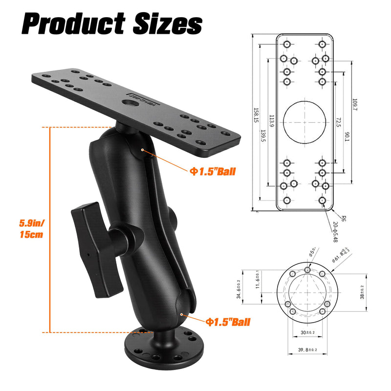 Aluminum Fish Finder Mount with 1.5"/C Size Ball, 5.9" Arm Marine Electronics/Depth Finder Mount. High Salt Water Resistant, Compatible with Garmin, Lowrance, Humminbird,and More Medium Arm
