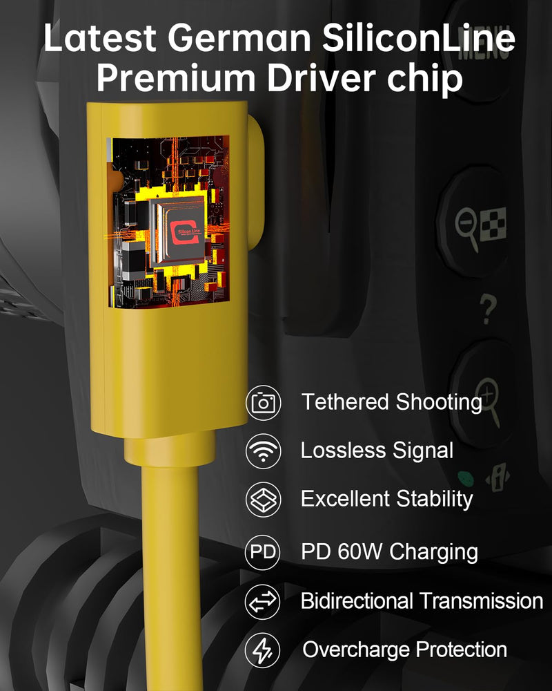 Fiber Optic USB C Tethering Cable 15FT, Right Angle 10Gbps Bidirectional Data Transfer & PD 60W USB 3.2 Gen2 Cable with German SiliconLine Chip for VR/Camera/Computer/Sony/Nikon/Canon/FujiFilm Orange