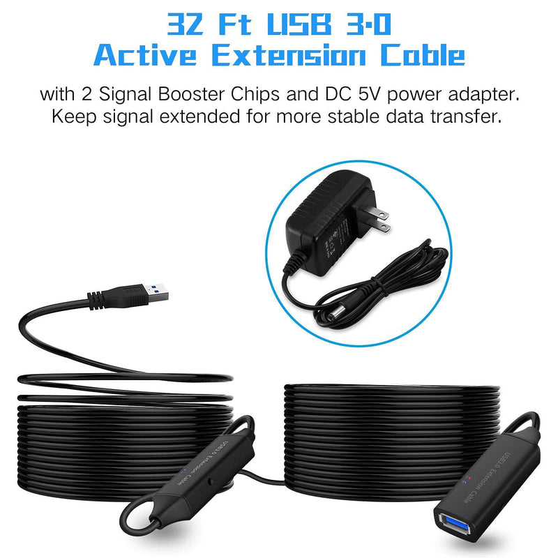 RSHTECH 3.5inch USB 3.0 to SATA External Hard Drive Enclosure+ USB 3.0 Active Extension Cable 32 Feet with 5V 2A Power Adapter