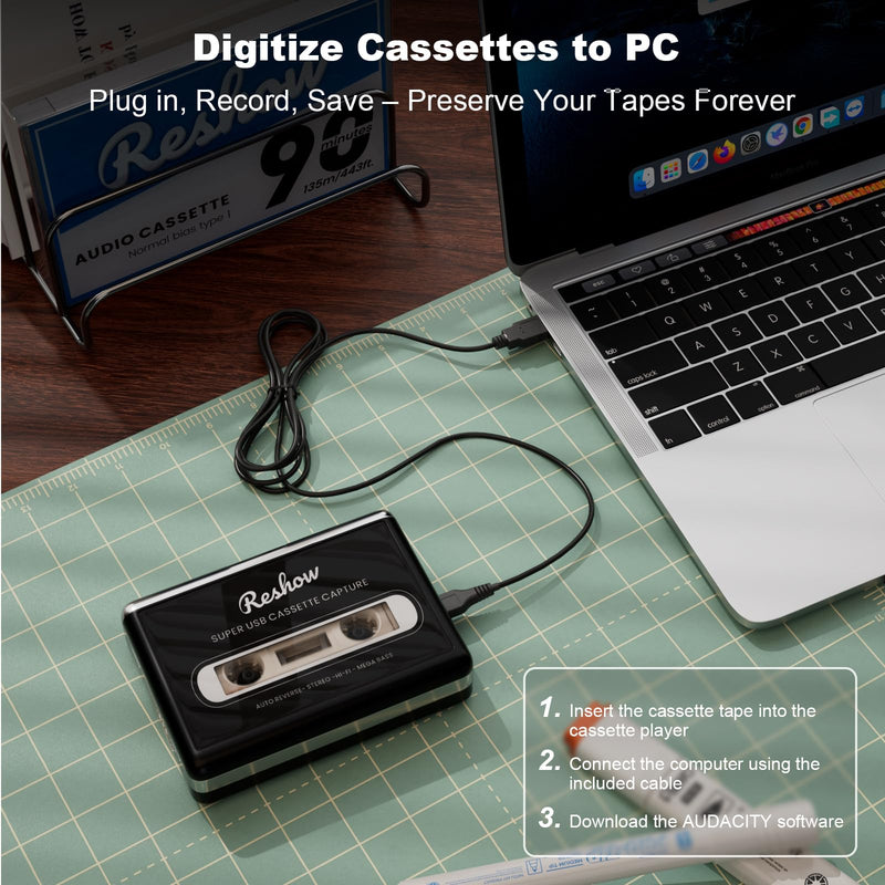 Reshow Cassette Tape Player, Portable Tape Player Audio Cassette to Digital Converter, Convert Cassette Tape Recorder to iPod Format Compatible with Laptops and Personal Computers - Black