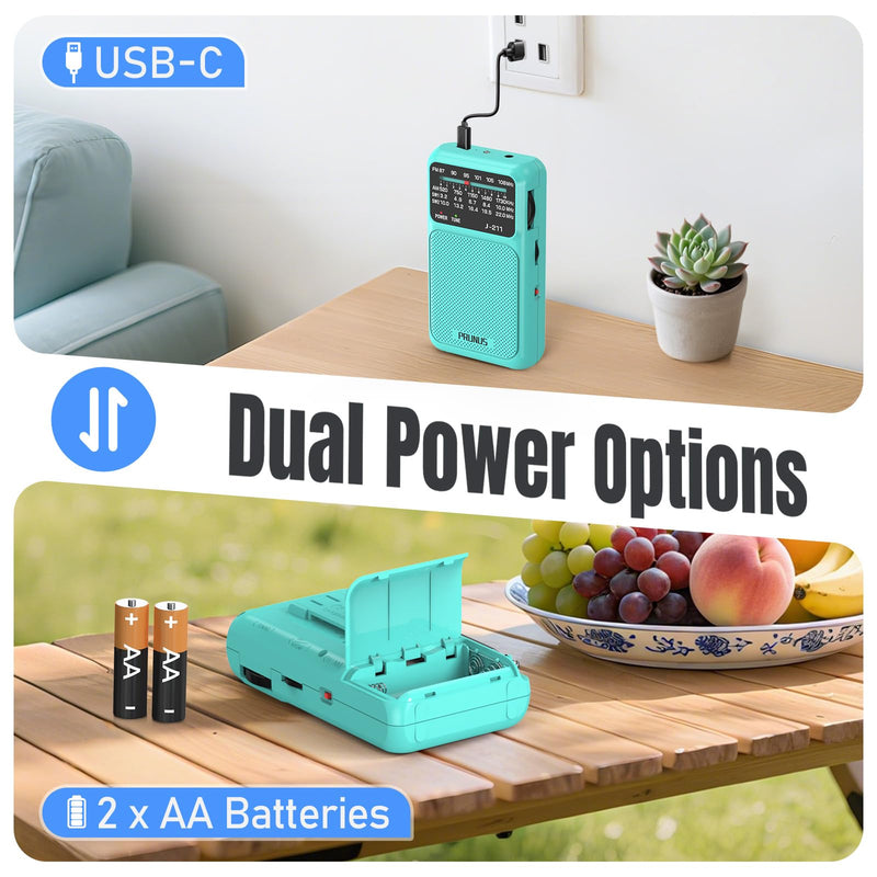 PRUNUS J-211 Portable Radio AM FM with USB Charging and AA Battery Operated, Transistor Radio, Strong Reception& Clear Speaker, Headphone Jack, Back Clip, Lanyard, Small radios Portable AM FM Blue