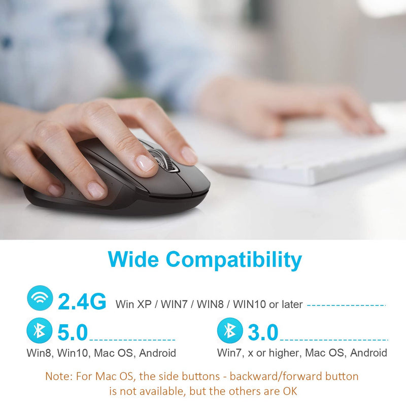 Bluetooth Wireless Mouse, TECKNET 3 Modes Bluetooth 5.0 & 3.0 Mouse 2.4G Wireless Portable Optical Mouse with USB Nano Receiver, 2400 DPI for Laptop, MacBook, PC, Windows, Android, OS System (Black) Black
