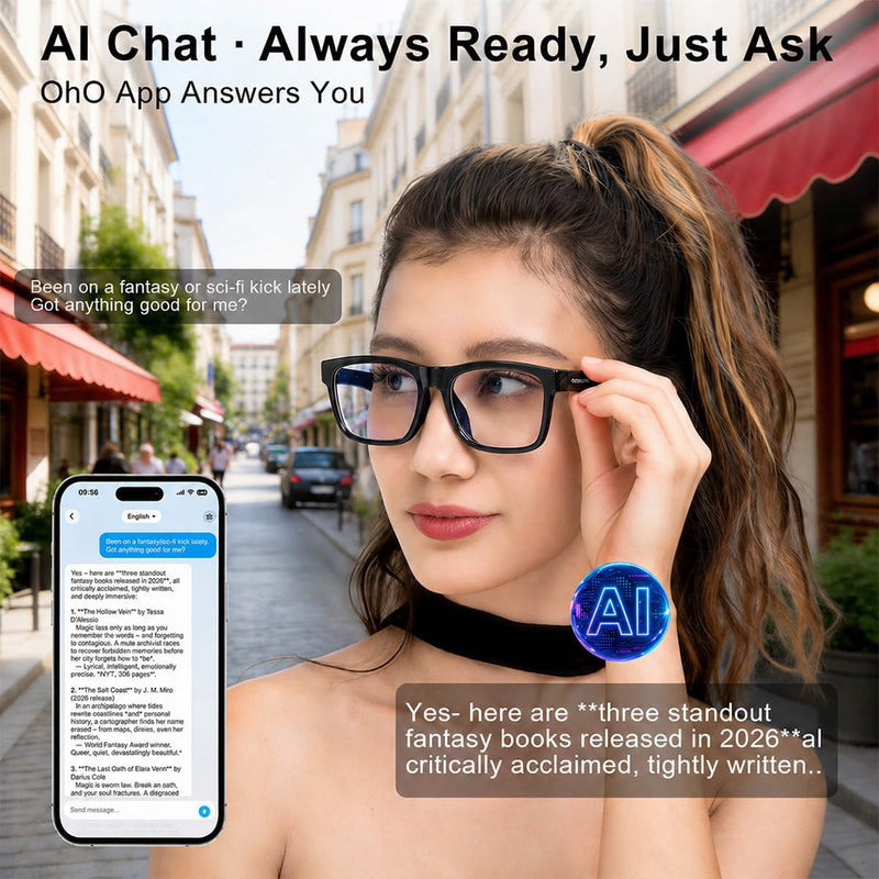 OhO sunshsine AI Glasses, Bluetooth Audio Sunglasses with 10H Playtime, ChatGPT Translation & Water Resistant Open Ear Glasses Transition & blue light blocking lens