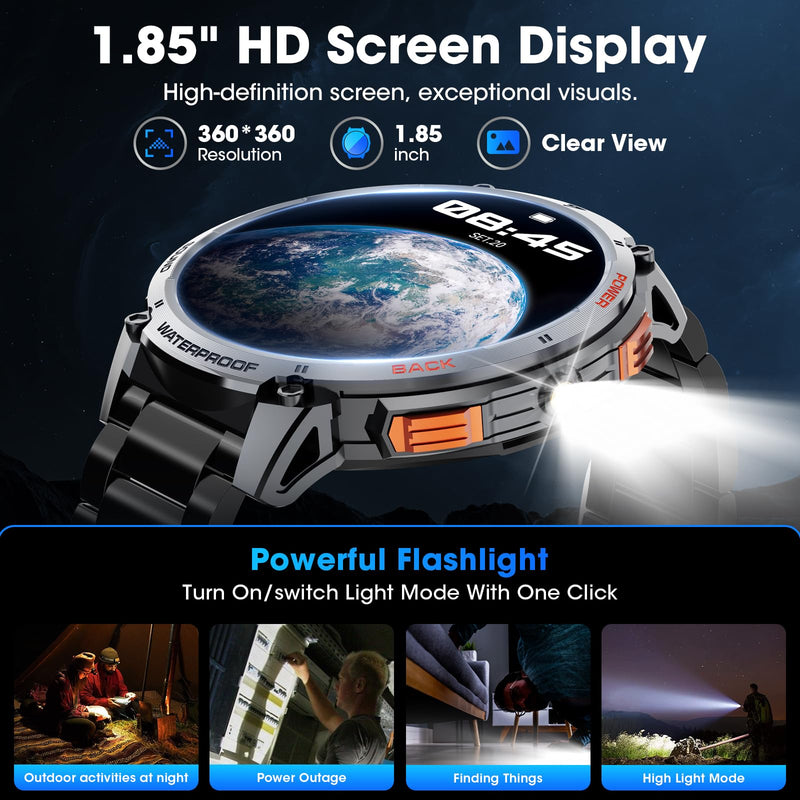 Military Smart Watch for Men 1.85" HD Touch Screen 730mAh Battery Smart Watches with LED Flashlight for Android iOS （Bluetooth Call Answer/Dial Calls） Fitness Tracker with Heart Rate Blood Obsidian Black