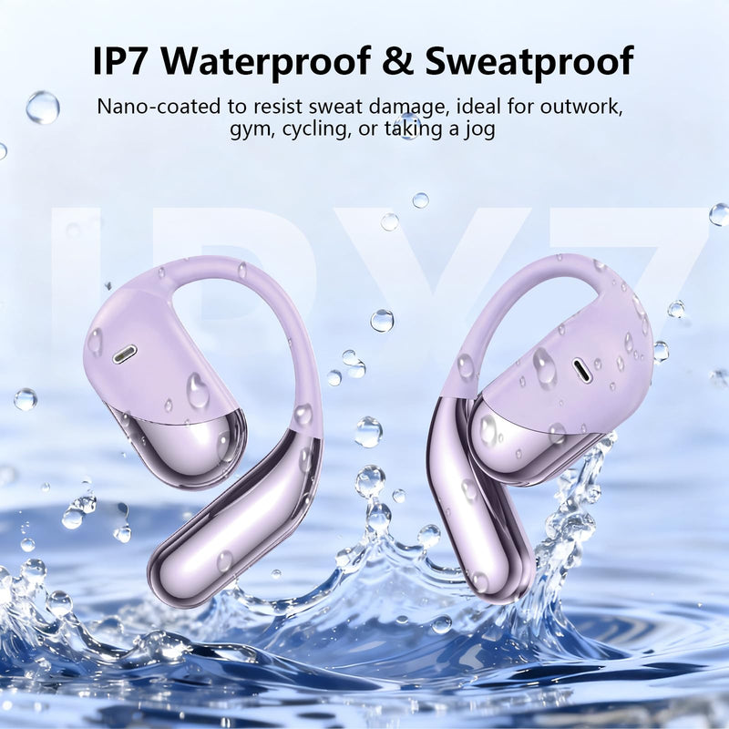 Open Ear Headphones,Over Ear Buds Clip Wireless Earbuds Bone Conduction Built-in Mic Earhook,Bluetooth 5.4 LED Display,60H Playtime Touch Control Design for Cycling,Running,Office,Ear Hooks Q16-H3 Violet
