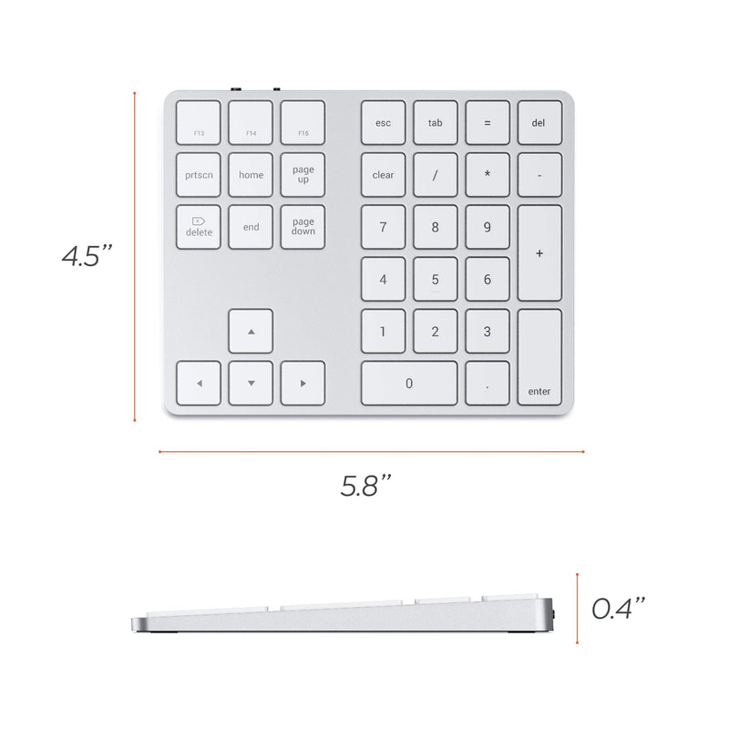 Satechi Bluetooth Extended Numeric Keypad – Slim Rechargeable 34-Key Numberpad – Compatible with 2020 MacBook Air, 2020 iPad Pro, 2020/2019 MacBook Pro, iMac/iMac Pro (Silver) Silver