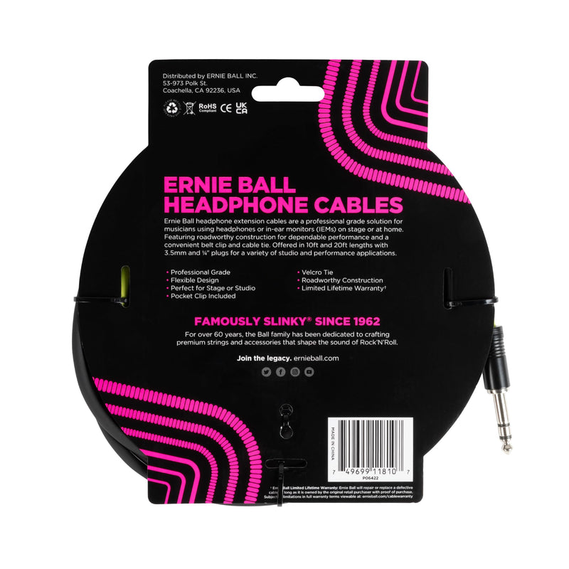 Ernie Ball Headphone Extension Cable 1/4 to 3.5mm 10ft - Black 1/4" to 3.5mm 10 feet