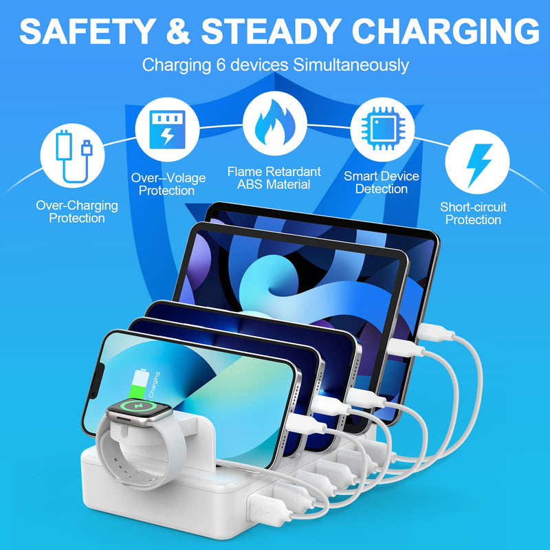 CREATIVE DESIGN Charging Station for Multiple Devices,50W 6 Ports Charging Dock with 6 Cables Compatible with Cellphone,Tablet, Kindle, Apple Watch and Other Electronic White